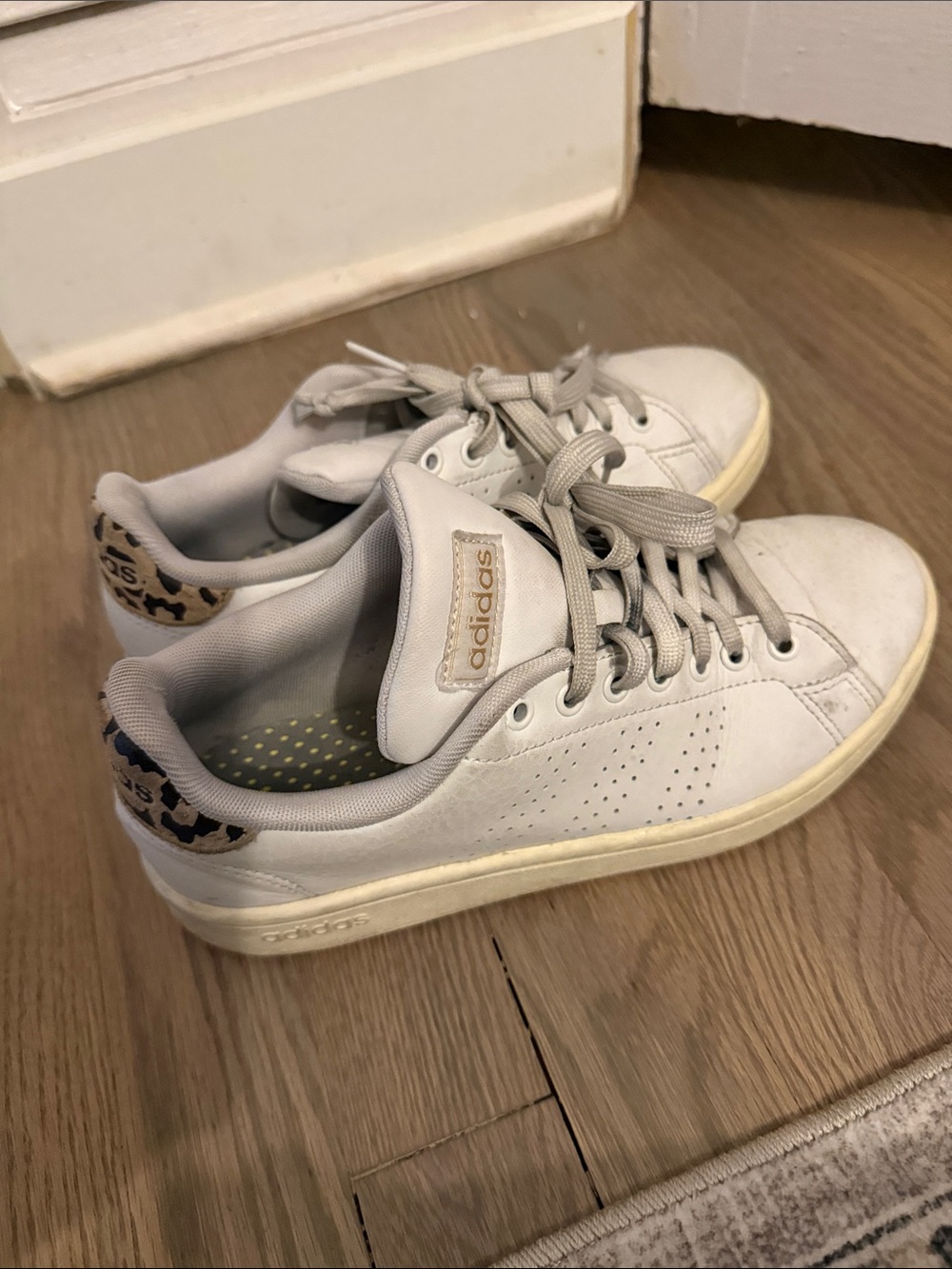 adidas Women’s Low-Top Leather Sneakers in Light Gray with Leopard Accent